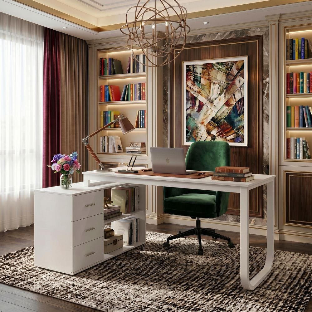 FUFU&GAGA 55.1 in. L-Shaped White Wood Executive Writing Desk