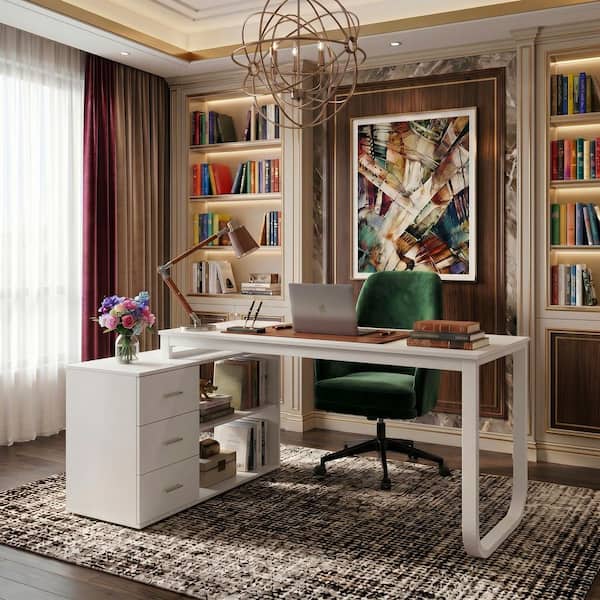 FUFU&GAGA 55.1 in. L-Shaped White Wood Executive Writing Desk