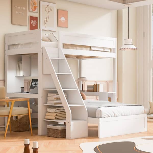 White Wood Twin XL Over Full Bunk Bed with Desk and USB