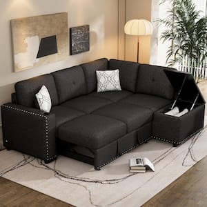 83.8 in. Black Chenille Twin Size Pull-Out Sofa Bed L Shaped Sectional Sofa with Built-in Storage and USB Ports
