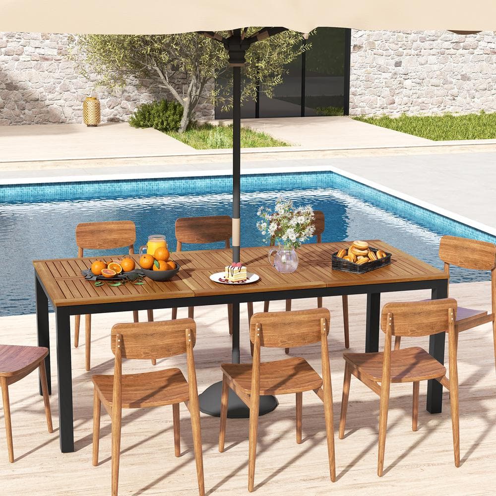 79" Natural Acacia Wood and Black Metal Outdoor Dining Table with Umbrella Hole