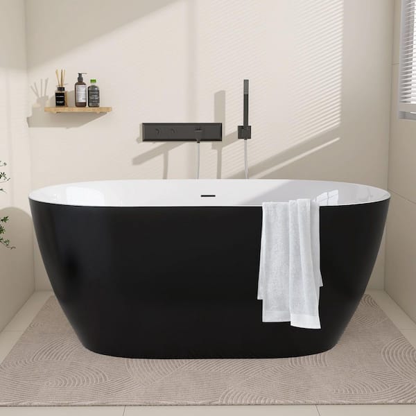 Zey 59 in. x 30 in. Acrylic Freestanding Soaking Bathtub Flatbottom Stand Alone Tub with Pop-Up Drain in Matte Black