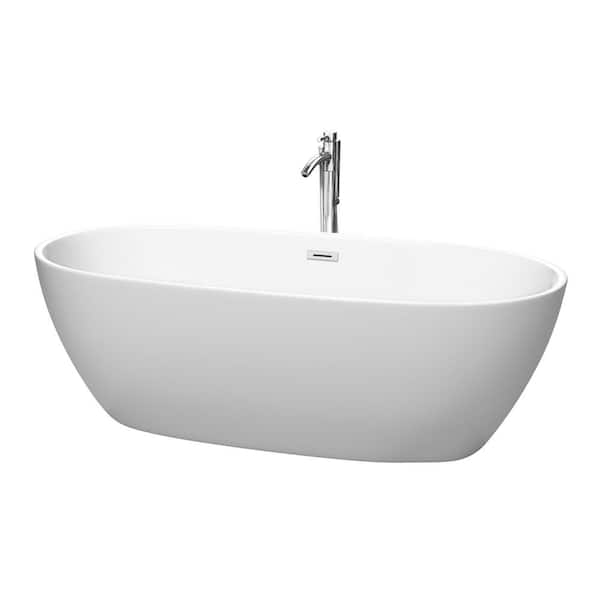 Wyndham Collection Juno 71 in. Acrylic Flatbottom Bathtub in Matte White with Polished Chrome Trim and Floor Mounted Faucet