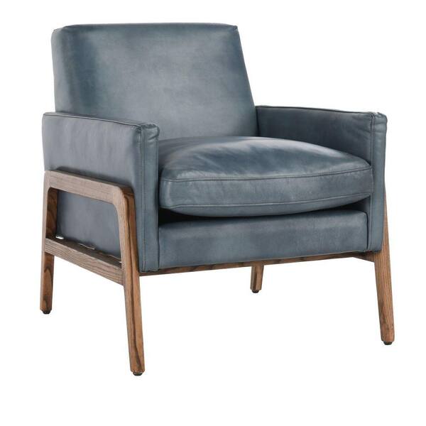 Benjara Dark Blue and Brown Leather Accent Chair with Cushion Seat