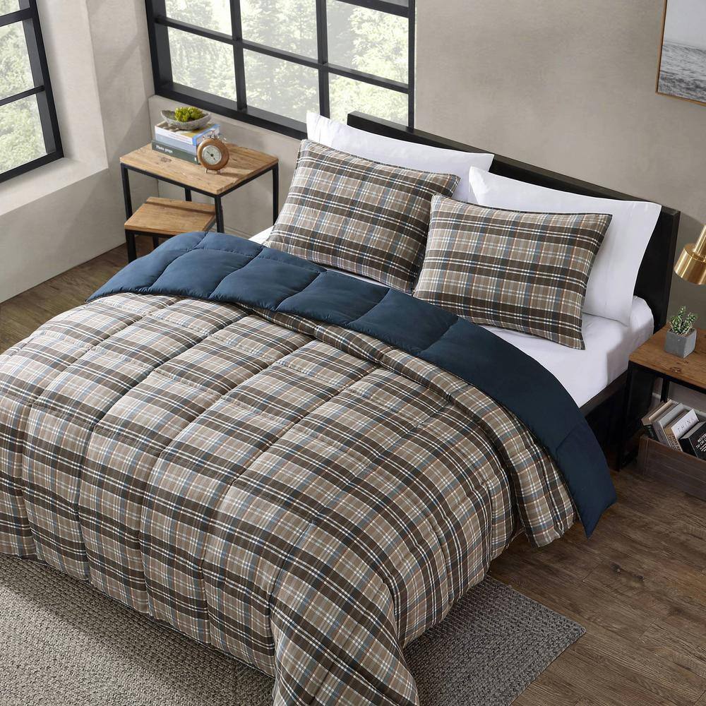 Twin Brown Plaid Microsuede Duvet Cover Set with Sham