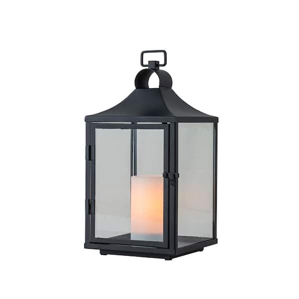 H14'' Classic Farmhouse Outdoor Solar Lantern with Flickering LED Candle Black Metal Decorative Lantern