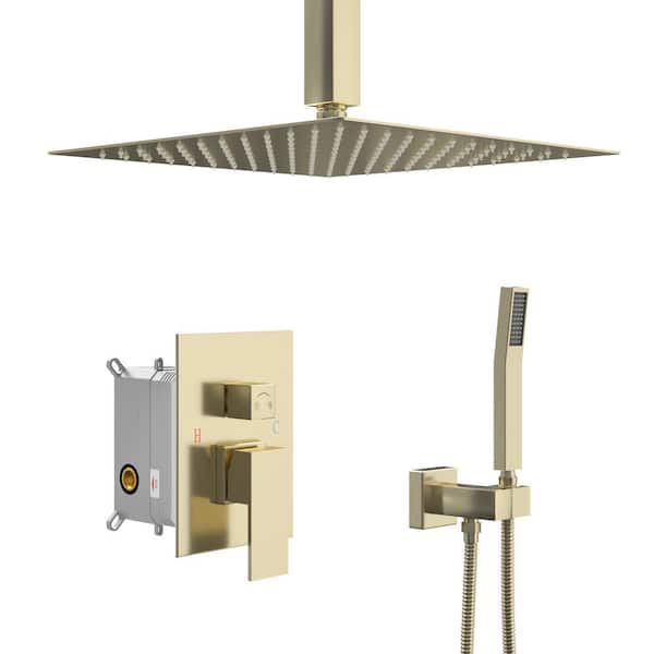 2-Spray Dual Ceiling Mount 10 in. Fixed and Handheld Shower Head 1.8 GPM Square Rain Shower Shower System in Gold