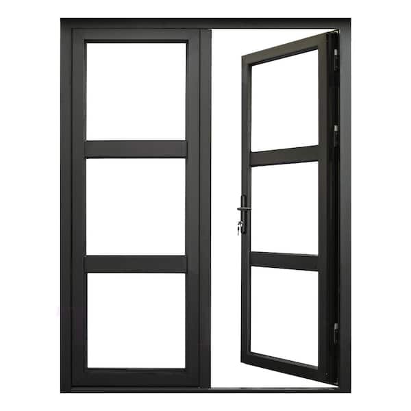 Teza French Doors 73.5 in. x 80 in. Matte Black Aluminum French Door 3 Lite Right Hand Inswing