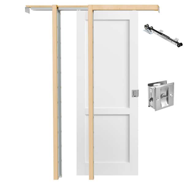 30 in. x 80 in. 2-Panel White Primed Pine Wood Sliding Pocket Door with Lock, Soft Close and Frame Kit Set, Pantry door