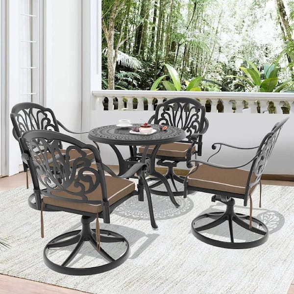 Willit Elizabeth 5-Piece Cast Aluminum Patio Outdoor Dining Set with Round Dining Table, 4 Swivel Chairs and 4 Brown Cushions