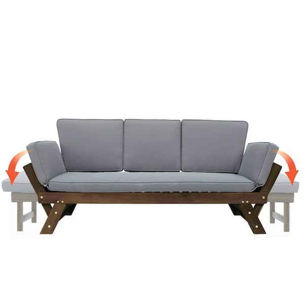 Unbranded Wood Outdoor Adjustable Patio Daybed Sofa Chaise Lounge with Cushions, Brown Finish+Gray Cushion