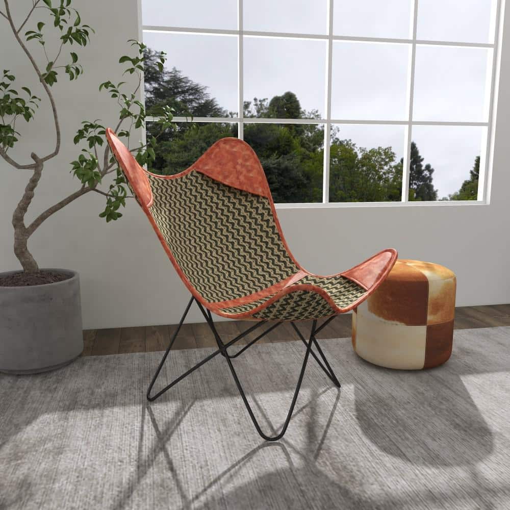 Zigzag Gray Leather Butterfly Accent Chair with Metal Frame