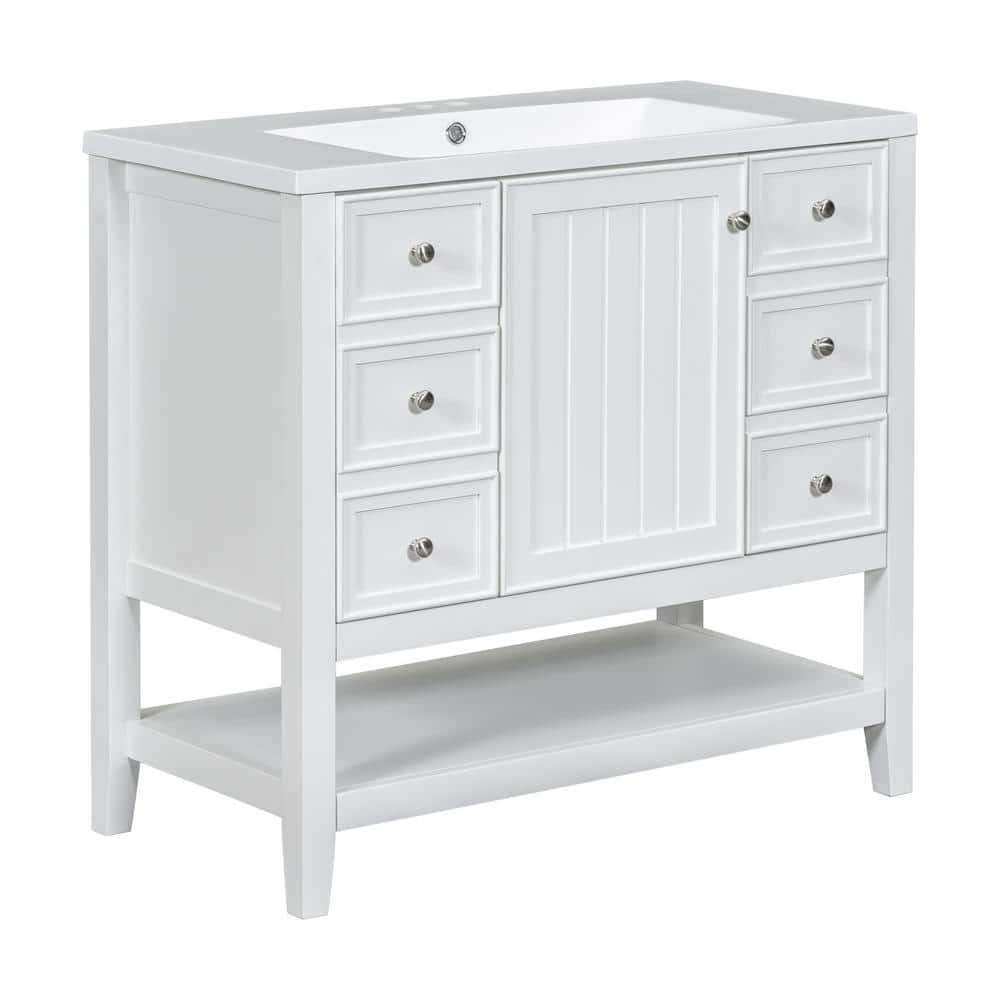 36" White MDF and Ceramic Single Sink Bathroom Vanity with Drawers