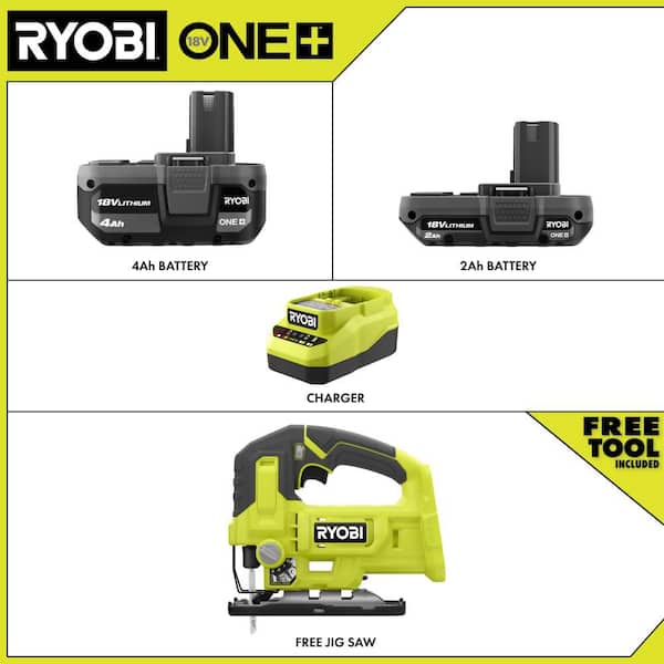 ONE+ 18V Lithium-Ion 4.0 Ah Battery, 2.0 Ah Battery, and Charger Kit with ONE+ Cordless Jig Saw
