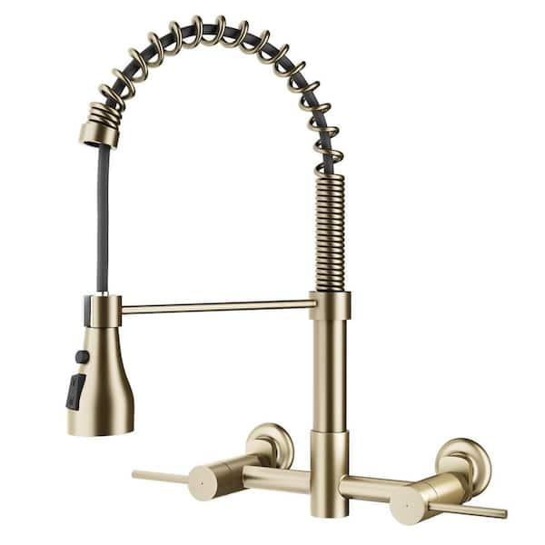 16.61 in. H Wall Mounted Double Handles Pull Down Sprayer Kitchen Faucet with 360 Degree Spout Swivel in Brushed Gold