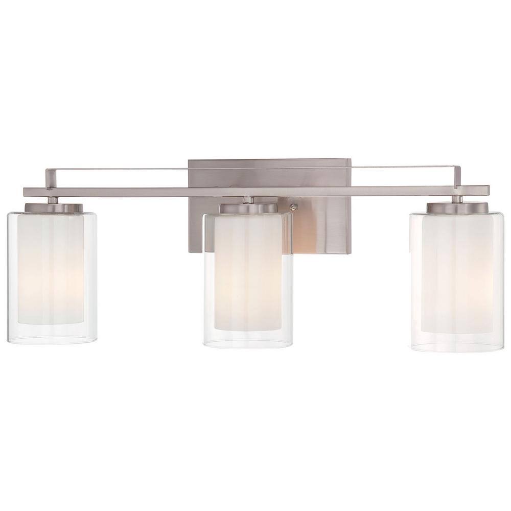 Transitional Etched White Glass & Brushed Nickel 3-Light Bath Bar