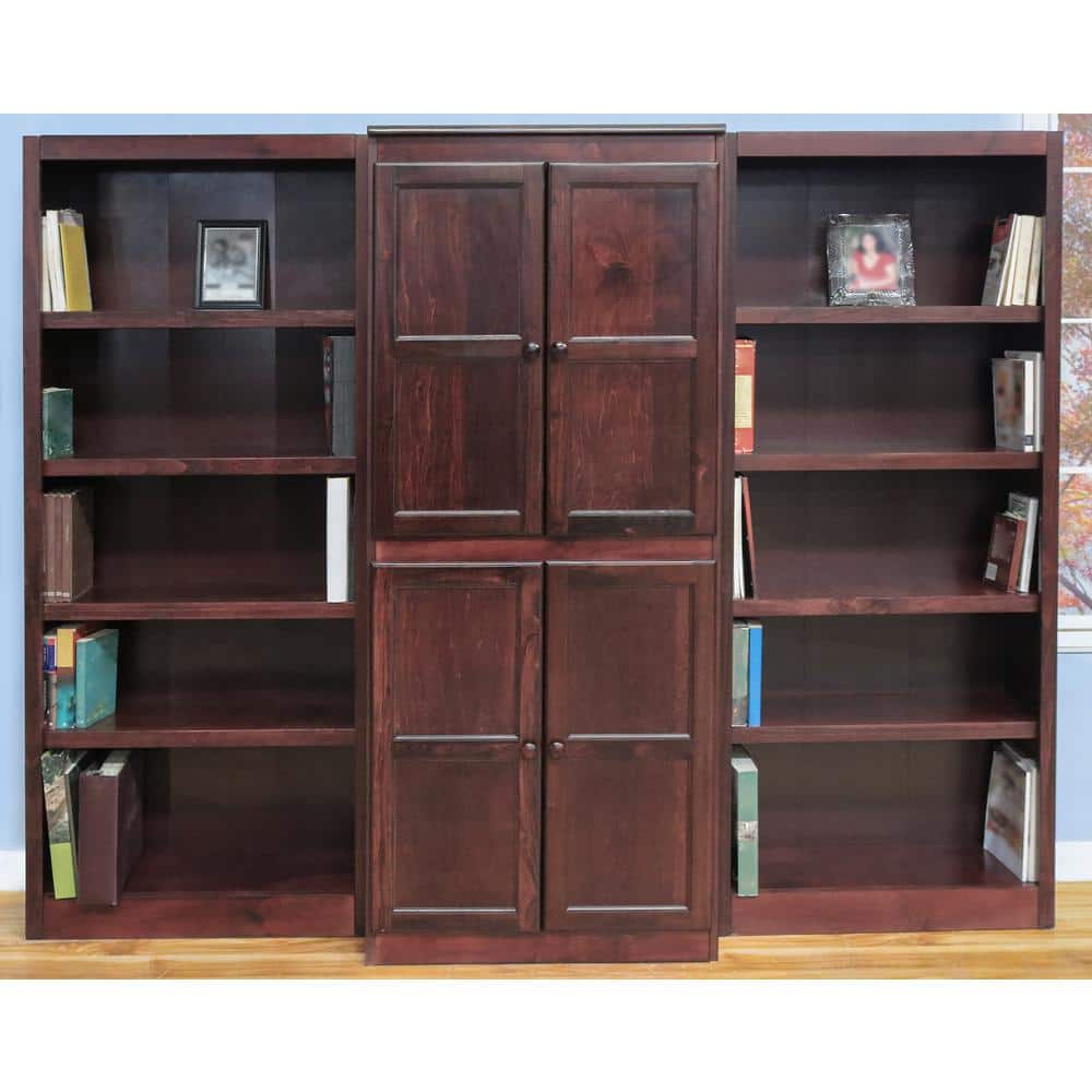 Cherry Finish Tall Wood Bookcase Wall with Adjustable Shelves and Doors
