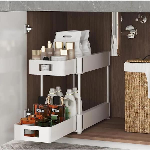 Aoibox White 2 Tier Under Sink Organizers and Storage for Bathroom; 2 Tier Pull Out Cabinet Organizer for Kitchen, Bathroom