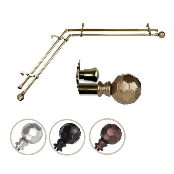 EMOH 13/16" Dia Adjustable Corner Window Double Curtain Rod 66 to 120" (each side) in Antique Brass with Elliana Finials