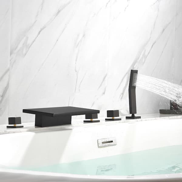 Ami 2-Handle5Hole Tub Deck Mount Roman Tub Faucet with Hand Shower in Matte Black
