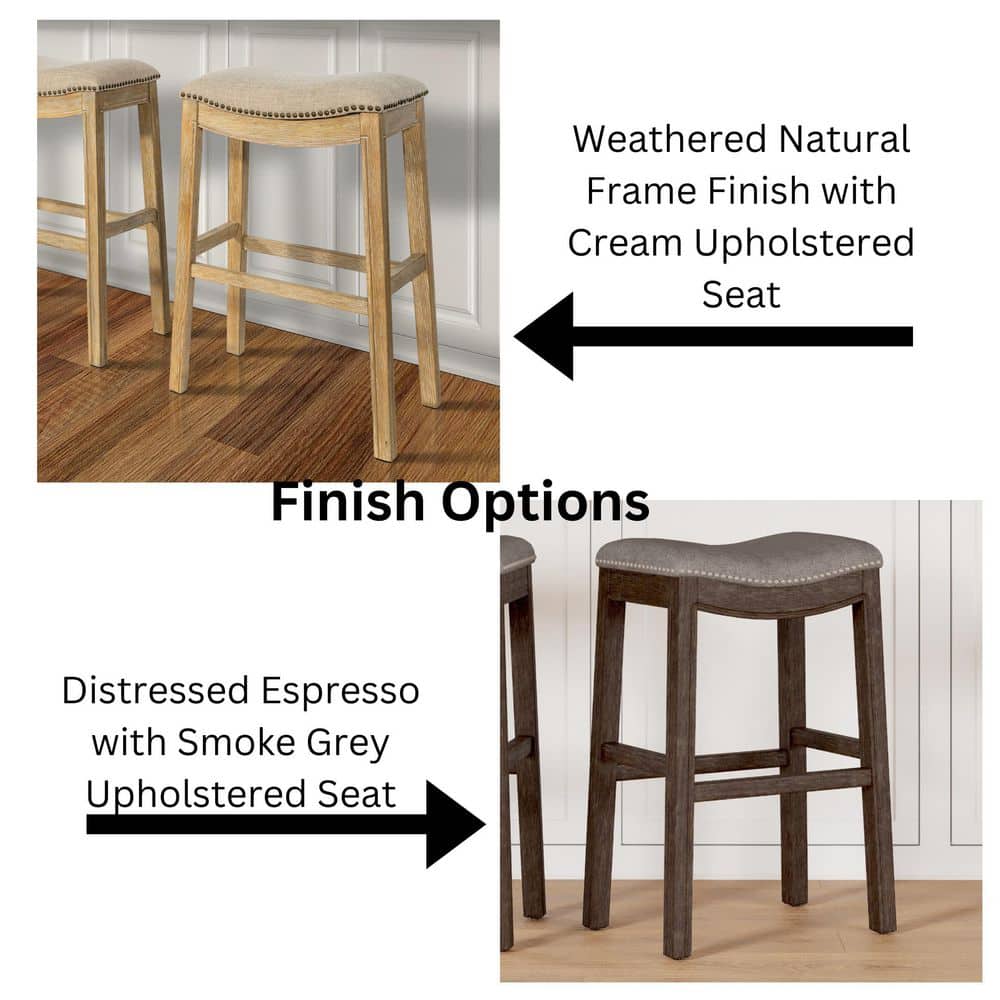 25" Saddle Style Wood Counter Stool in Cobble Gray with Nailhead Accents