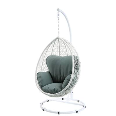 Amelia Green Fabric And White Wicker Patio Swing Chair With Stand