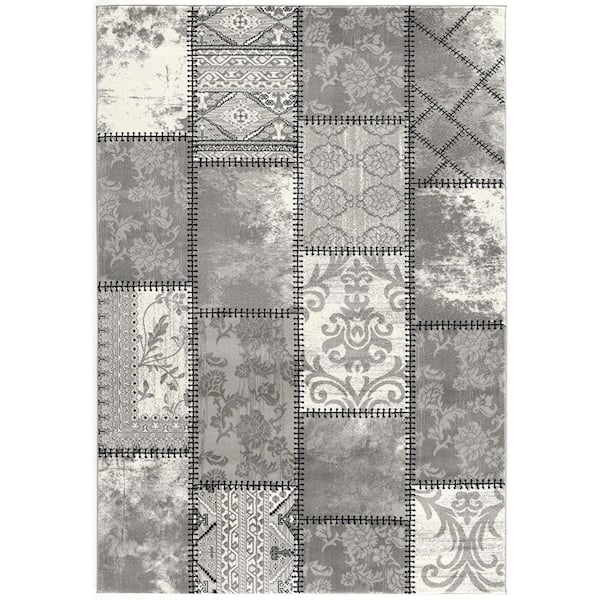 5 ft. x 8 ft. Gray and Ivory Damask Power Loom Area Rug