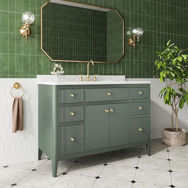 48.03 in. Freestanding Single Sink Fully Assembled Green Bath Vanity with White Engineered Marble Top Assembled