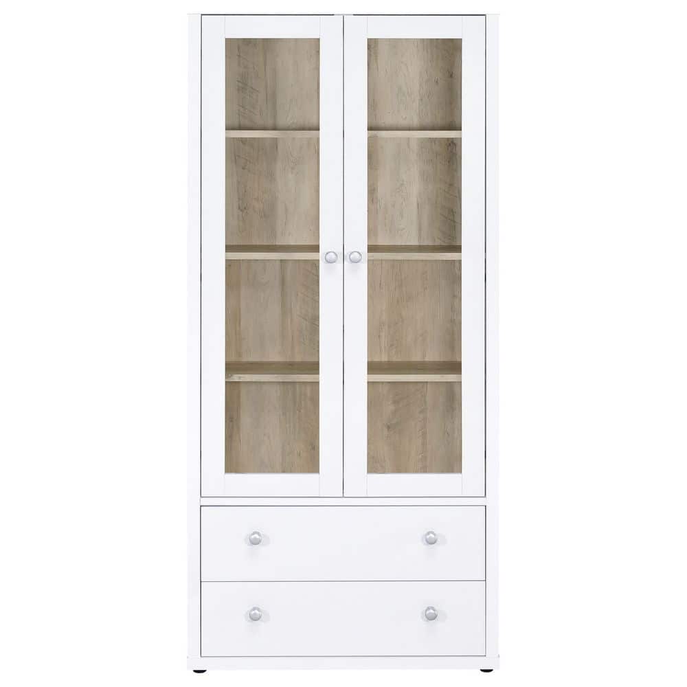 White and Light Brown Glass Door Curio Cabinet with Drawers
