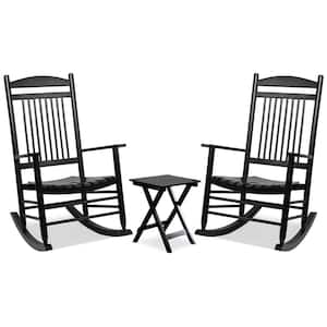 3-Pieces Black Wooden Outdoor Patio Rocking Chair Set