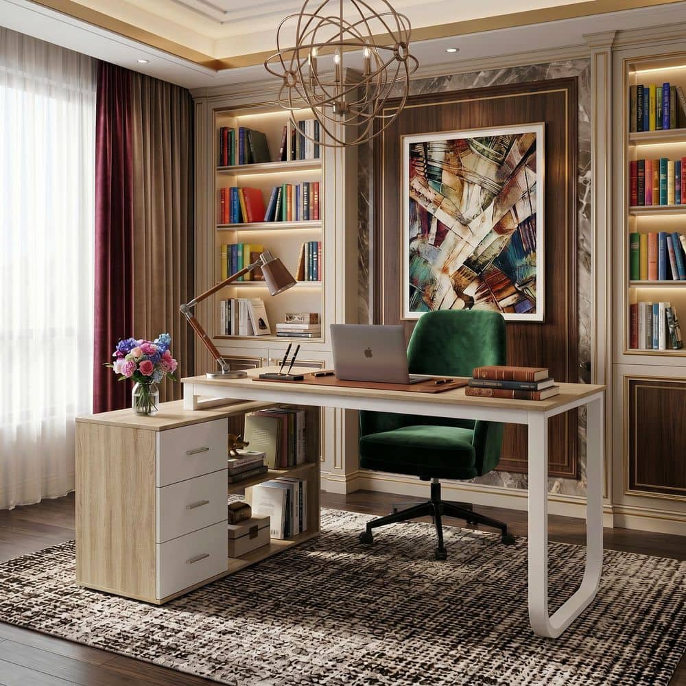 FUFU&GAGA 55.1 in. L-Shaped Beige Wood Executive Writing Desk