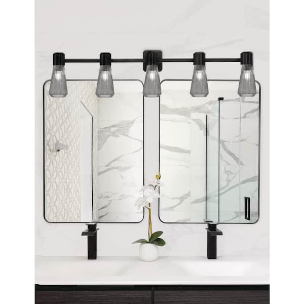 Bryer 46.5 in. 5 Light Vanity Light Matte Black with 4" Smoke Ribbed Glass Shades, No bulb included