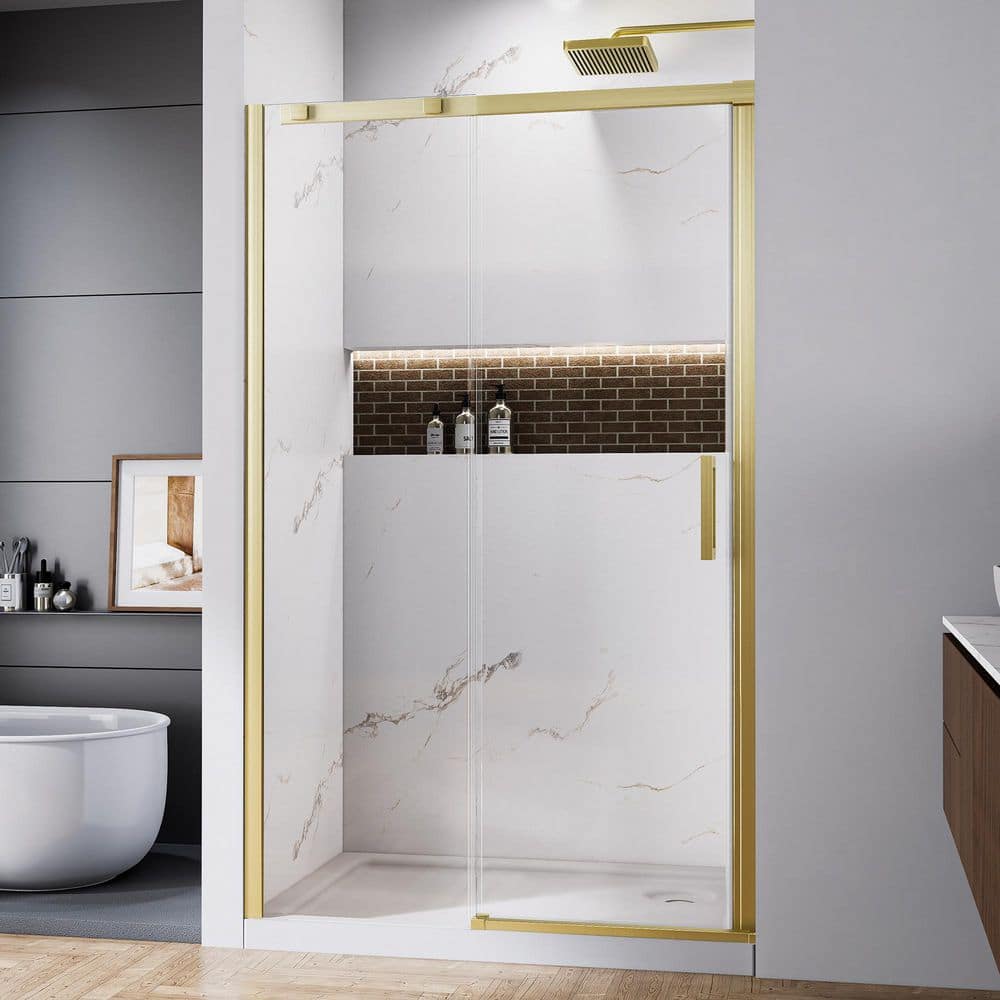 48 in. W x 74 in. H Sliding Framed Shower Door in Brushed Gold with Clear Glass price history on PriceWatchPro
