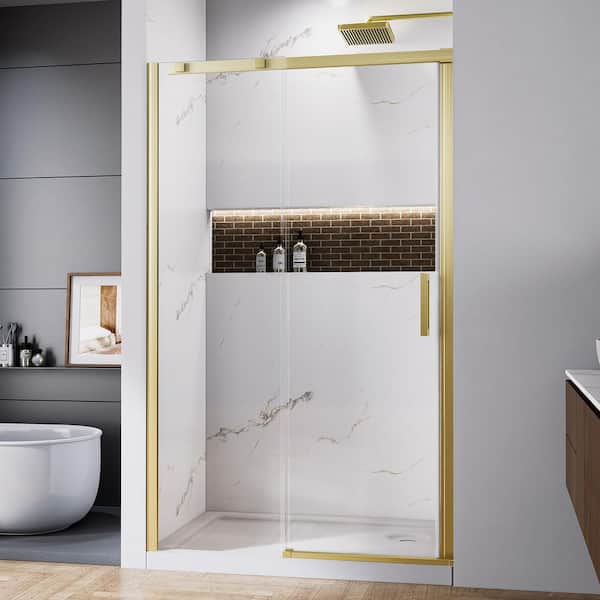 48 in. W x 74 in. H Sliding Framed Shower Door in Brushed Gold with Clear Glass