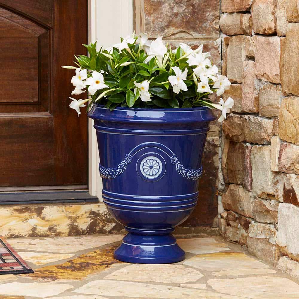 Classical Navy Resin Urn Planter with Molded Floral Details