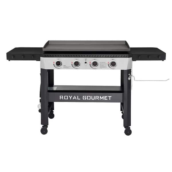 Royal Gourmet 34-Inch 4-Burner Propane Gas Griddle with Collapsible Side Shelves, Front Basket and Middle Shelf, 52,000 BTU