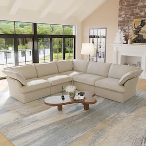 122.82 in . W Flared Arm Linen 5-piece Free combination Modular Sectional Sofa with Pillow in Beige
