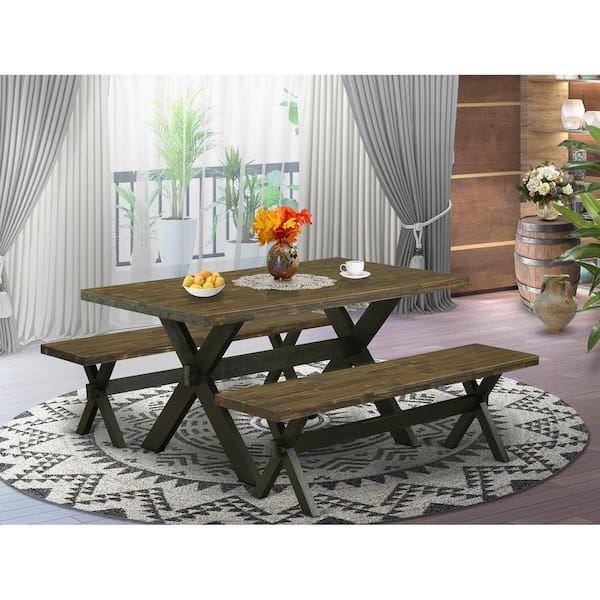 East West Furniture 3-Piece Rectangle Distressed Jacobean Finish Solid Wood Top Dining Table with 2-Benches with Backless