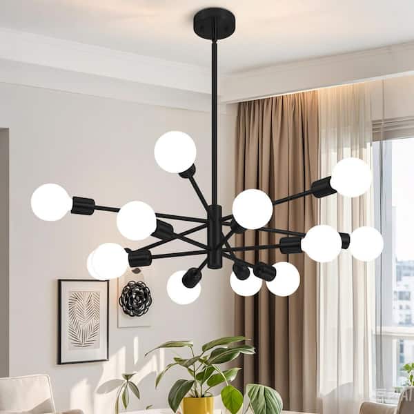 Deyidn Modern 12 Light Black Sputnik Chandelier Ceiling Light Height Adjustable for Dining Room with no Bulbs Included