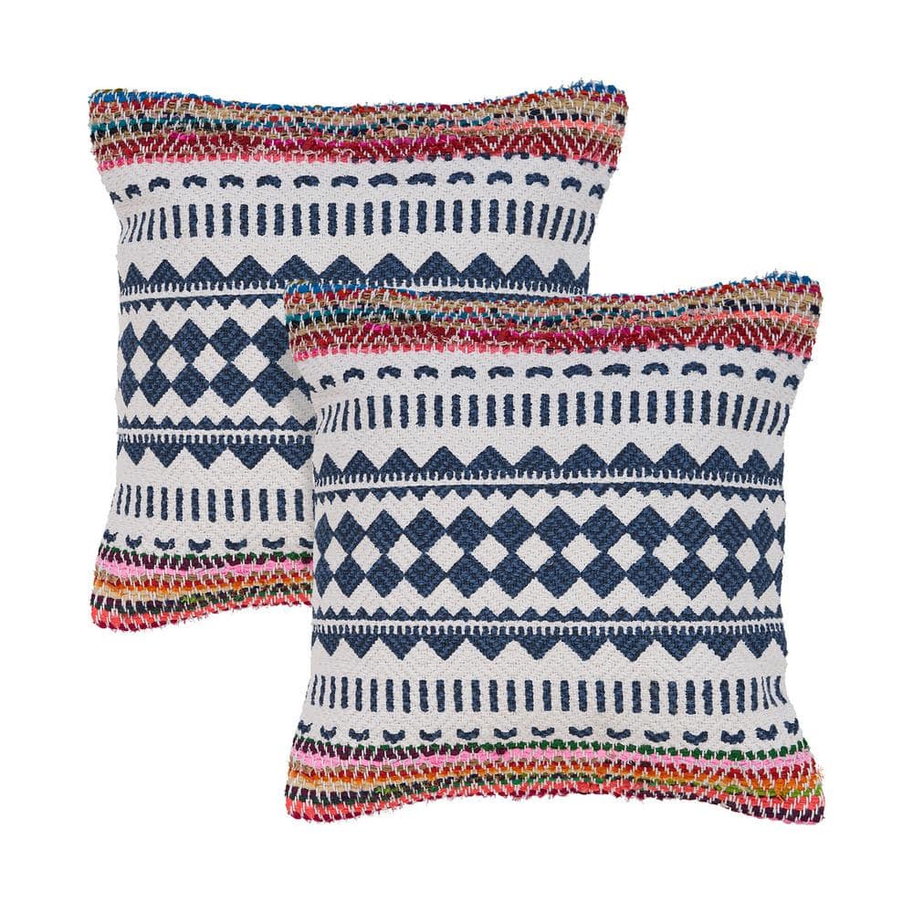 Maene White / Multicolor Geometric Striped Hand-Woven 18 in. x 18 in. Indoo