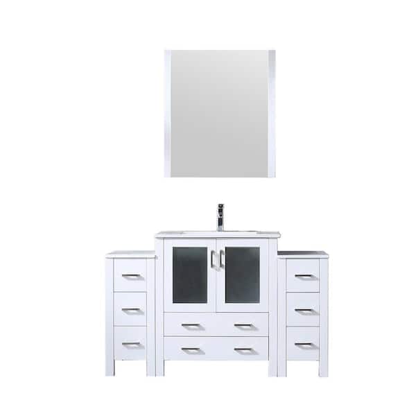 Volez 54 in W x 18.25 in D White Single Bath Vanity with Side Cabinets, White Ceramic Top, Faucet Set, and 28 in Mirror