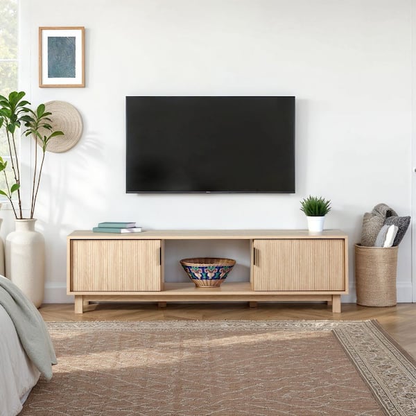 58 in. Mid-Century Modern Coastal Oak Wood TV Stand with 2 Reeded Doors (Max TV Size 65 in.)