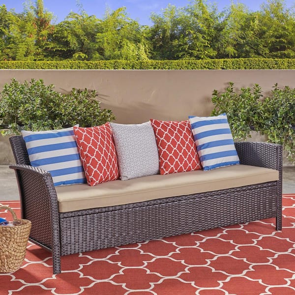 Noble House St. Lucia Brown Wicker Outdoor Sofa with Tan Cushions