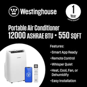 12,000 BTU Portable Air Conditioner Cools 550 Sq. Ft. with 3-in-1 Operation in White