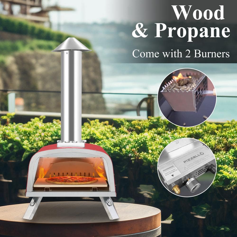 12" Red Stainless Steel Outdoor Gas and Wood Pizza Oven