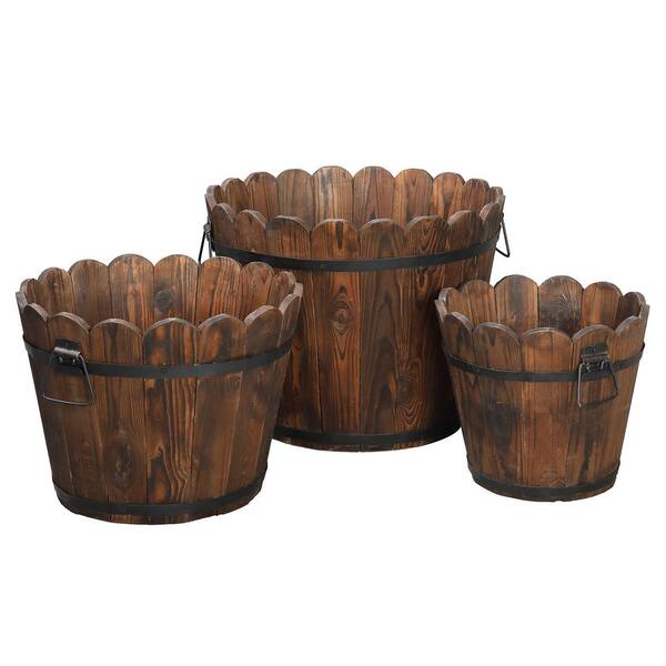 Winado 18 in. Carbonized Solid Wood Planter Bucket Pot (Set of 3