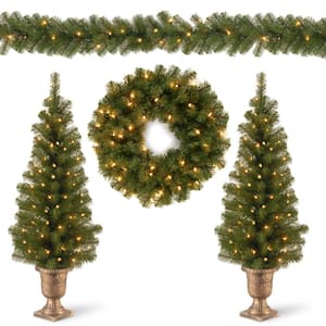 Two 4 ft. Entrance Trees in Black/Gold Pot with 50 Clear Lights and 24 in. Wreath with 20 Warm White with Caps