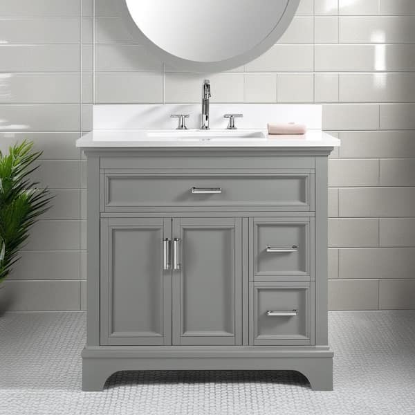Home Decorators Collection Carriage 37 in. W x 22 in. D x 34.78 in. H Single Basin Freestanding Bath Vanity in Grey with White Quartz Top