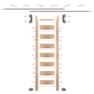 8.06 ft. Red Oak Library Ladder (9 ft. Reach) Satin Nickel Hook Hardware 12 ft. Rail and Horizontal Brackets