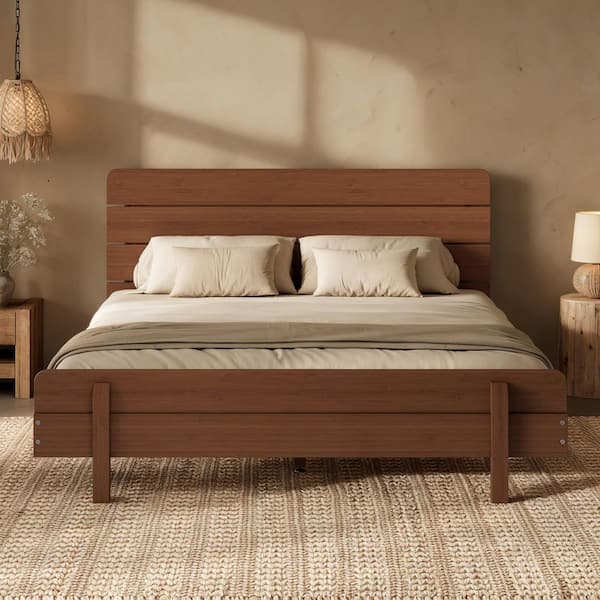 Brown Bamboo Frame Queen Size Platform Bed with Headboard, Upgraded Support Slats